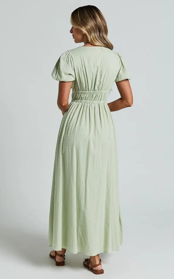 Showpo Matteo Midi Dress 8211 Deep V Neck Puff Sleeve Dress In Sage Women Dresses
