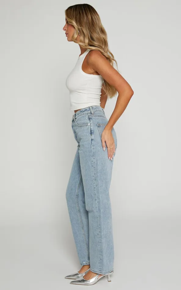 Showpo Matthew Jeans 8211 Mid Rise Straight Leg Denim Jeans In Light Blue Wash Women Denim