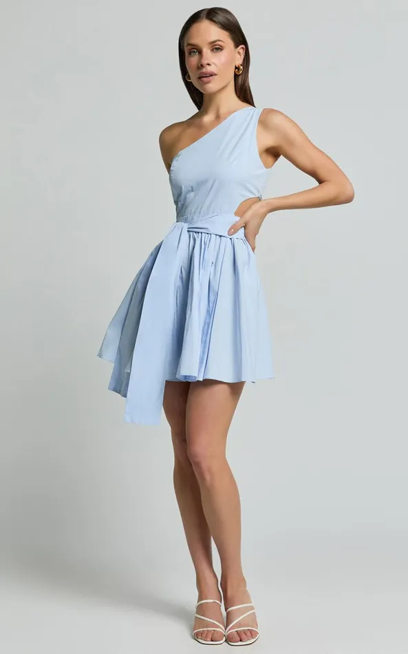 Showpo Mauee Mini Dress 8211 One Shoulder Tie Waist Cut Out Dress In Powder Blue Women Dresses