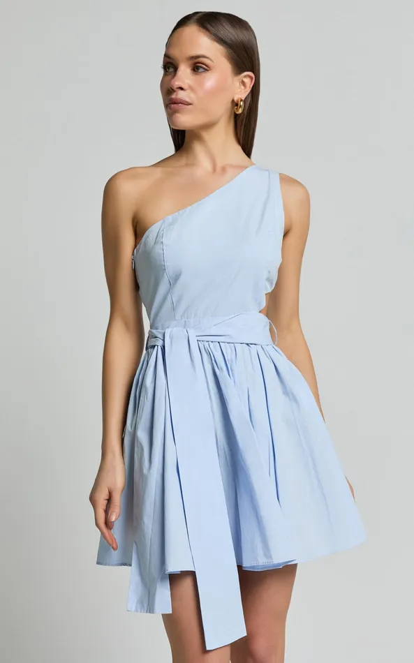 Showpo Mauee Mini Dress 8211 One Shoulder Tie Waist Cut Out Dress In Powder Blue Women Dresses