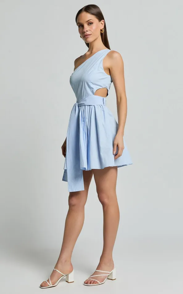 Showpo Mauee Mini Dress 8211 One Shoulder Tie Waist Cut Out Dress In Powder Blue Women Dresses