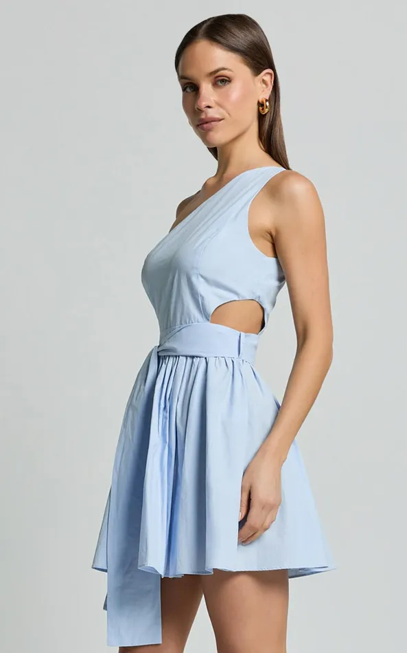 Showpo Mauee Mini Dress 8211 One Shoulder Tie Waist Cut Out Dress In Powder Blue Women Dresses