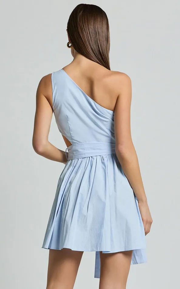 Showpo Mauee Mini Dress 8211 One Shoulder Tie Waist Cut Out Dress In Powder Blue Women Dresses