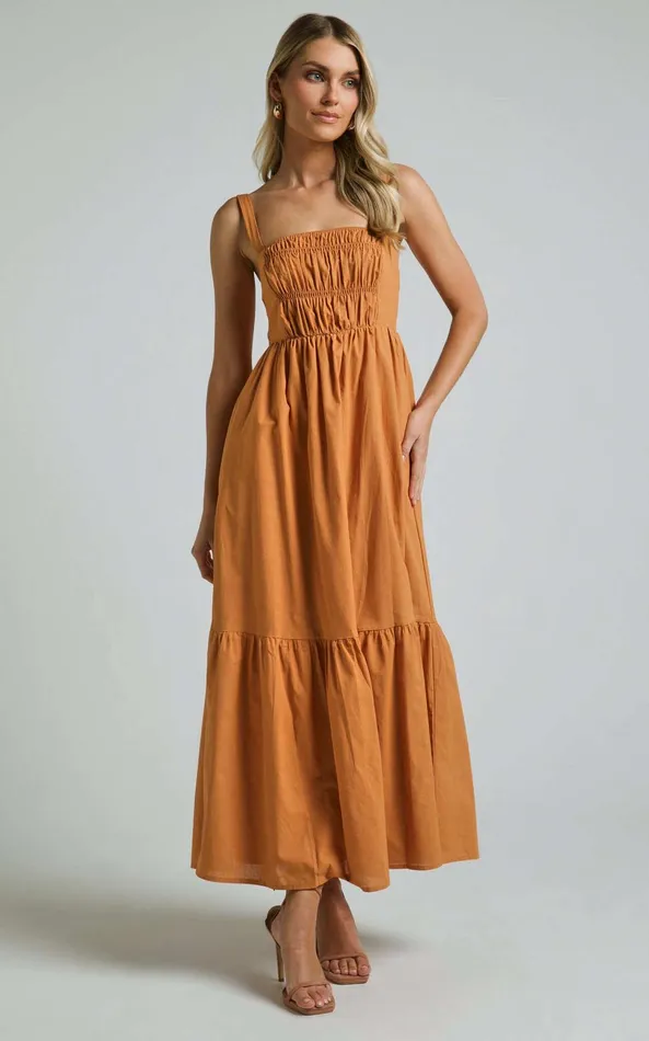 Showpo Mauree Maxi Dress 8211 Straight Sleeveless Tiered Dress In Caramel Women Dresses
