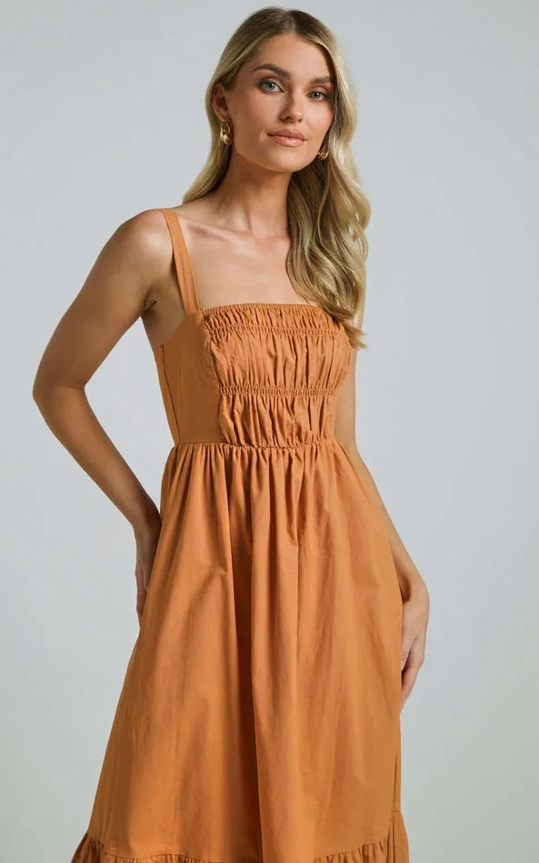 Showpo Mauree Maxi Dress 8211 Straight Sleeveless Tiered Dress In Caramel Women Dresses