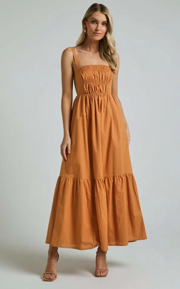 Showpo Mauree Maxi Dress 8211 Straight Sleeveless Tiered Dress In Caramel Women Dresses