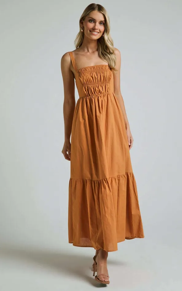 Showpo Mauree Maxi Dress 8211 Straight Sleeveless Tiered Dress In Caramel Women Dresses