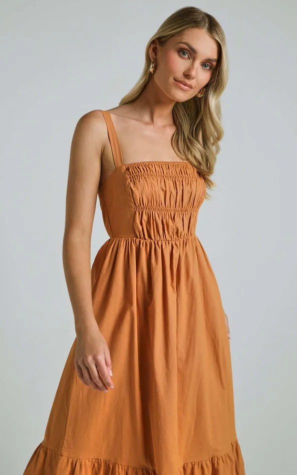 Showpo Mauree Maxi Dress 8211 Straight Sleeveless Tiered Dress In Caramel Women Dresses