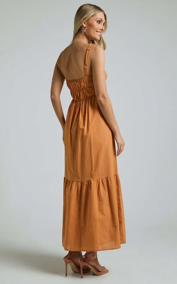 Showpo Mauree Maxi Dress 8211 Straight Sleeveless Tiered Dress In Caramel Women Dresses