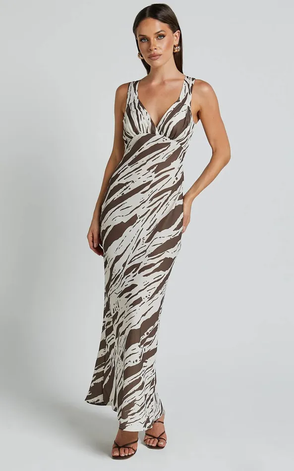 Showpo Mauriel Midi Dress 8211 Deep V Gathered Bust Slip Dress In Beige And Chocolate Women Dresses