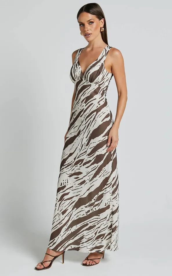 Showpo Mauriel Midi Dress 8211 Deep V Gathered Bust Slip Dress In Beige And Chocolate Women Dresses