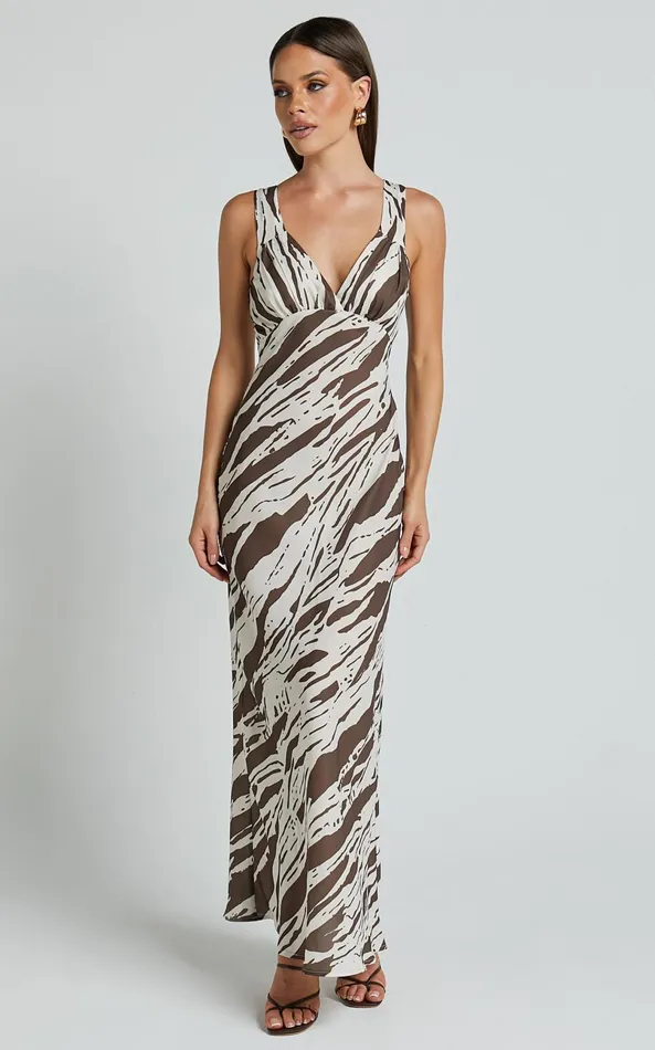 Showpo Mauriel Midi Dress 8211 Deep V Gathered Bust Slip Dress In Beige And Chocolate Women Dresses