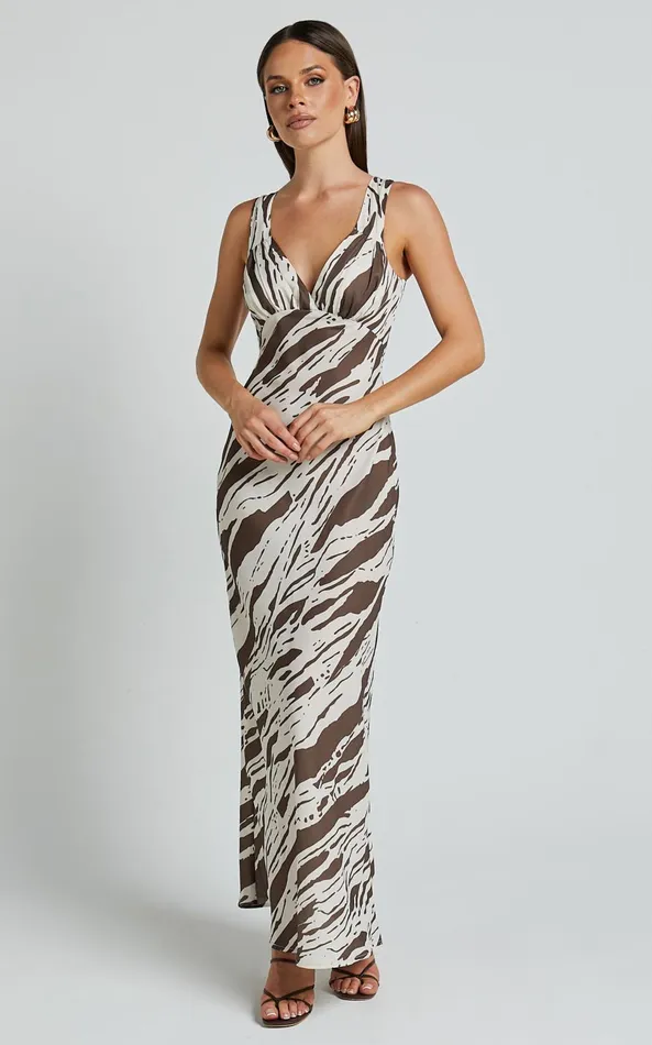 Showpo Mauriel Midi Dress 8211 Deep V Gathered Bust Slip Dress In Beige And Chocolate Women Dresses