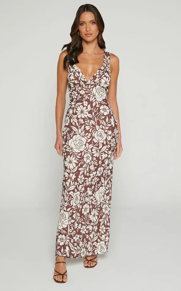 Showpo Mauriel Midi Dress 8211 Deep V Gathered Bust Slip Dress In Brown Floral Women Dresses Showpo Mauriel Midi Dress 8211 Deep V Gathered Bust Slip Dress In Brown Floral Women Dresses