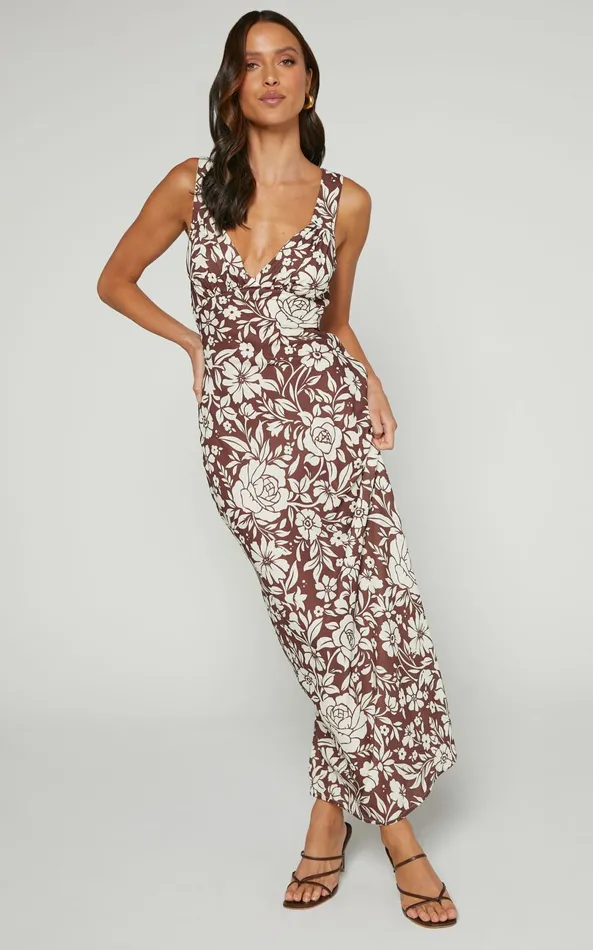 Showpo Mauriel Midi Dress 8211 Deep V Gathered Bust Slip Dress In Brown Floral Women Dresses