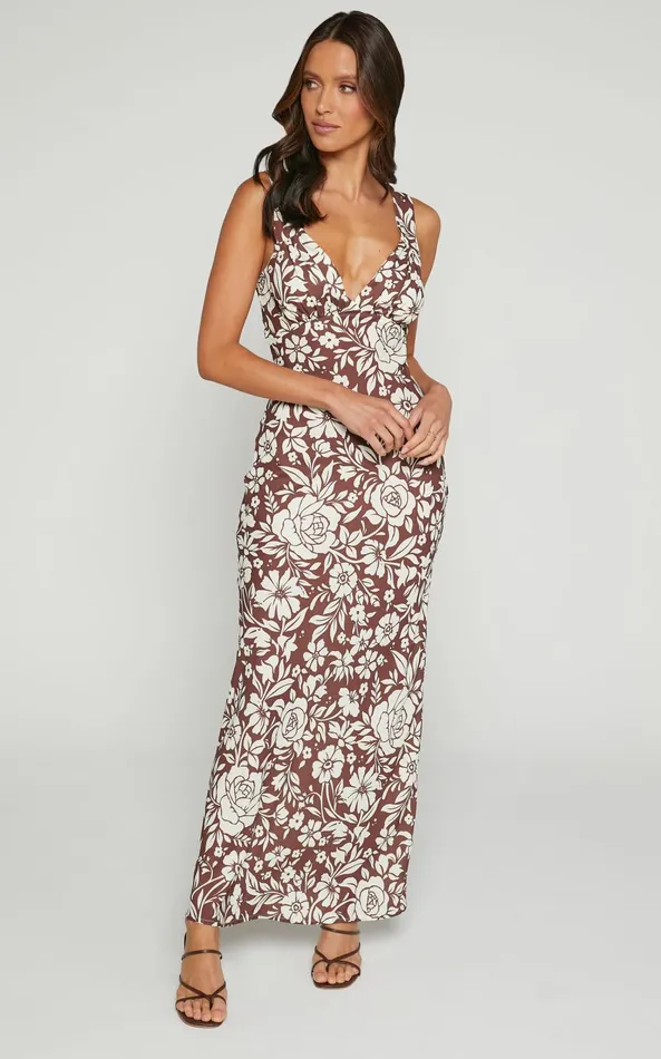 Showpo Mauriel Midi Dress 8211 Deep V Gathered Bust Slip Dress In Brown Floral Women Dresses