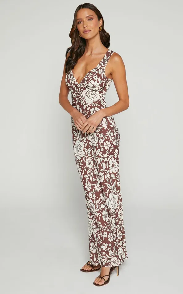 Showpo Mauriel Midi Dress 8211 Deep V Gathered Bust Slip Dress In Brown Floral Women Dresses