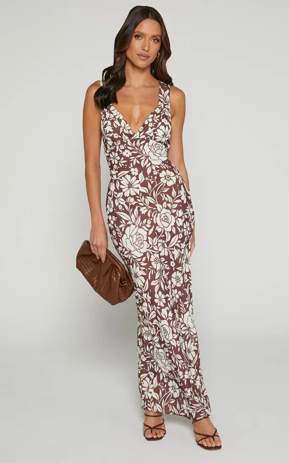 Showpo Mauriel Midi Dress 8211 Deep V Gathered Bust Slip Dress In Brown Floral Women Dresses