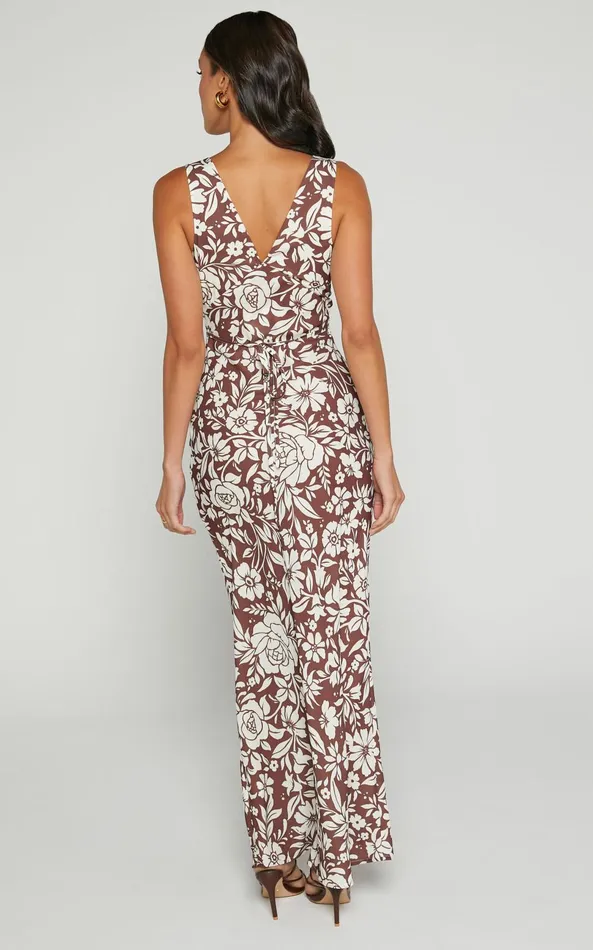 Showpo Mauriel Midi Dress 8211 Deep V Gathered Bust Slip Dress In Brown Floral Women Dresses