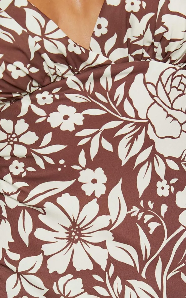 Showpo Mauriel Midi Dress 8211 Deep V Gathered Bust Slip Dress In Brown Floral Women Dresses