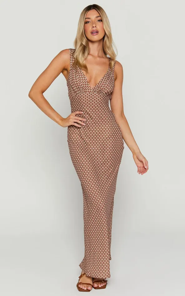 Showpo Mauriel Midi Dress 8211 Deep V Gathered Bust Slip Dress In Brown Geo Women Dresses Showpo Mauriel Midi Dress 8211 Deep V Gathered Bust Slip Dress In Brown Geo Women Dresses