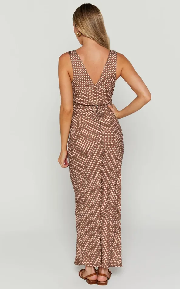 Showpo Mauriel Midi Dress 8211 Deep V Gathered Bust Slip Dress In Brown Geo Women Dresses