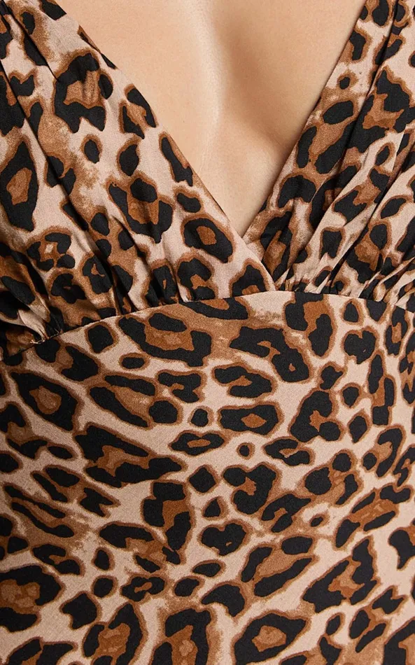 Showpo Mauriel Midi Dress 8211 Deep V Gathered Bust Slip Dress In Leopard Print Women Dresses