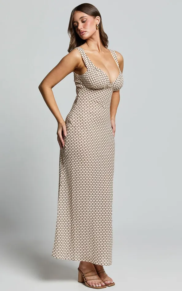 Showpo Mauriel Midi Dress 8211 Deep V Gathered Bust Slip Dress In Natural Geo Women Dresses