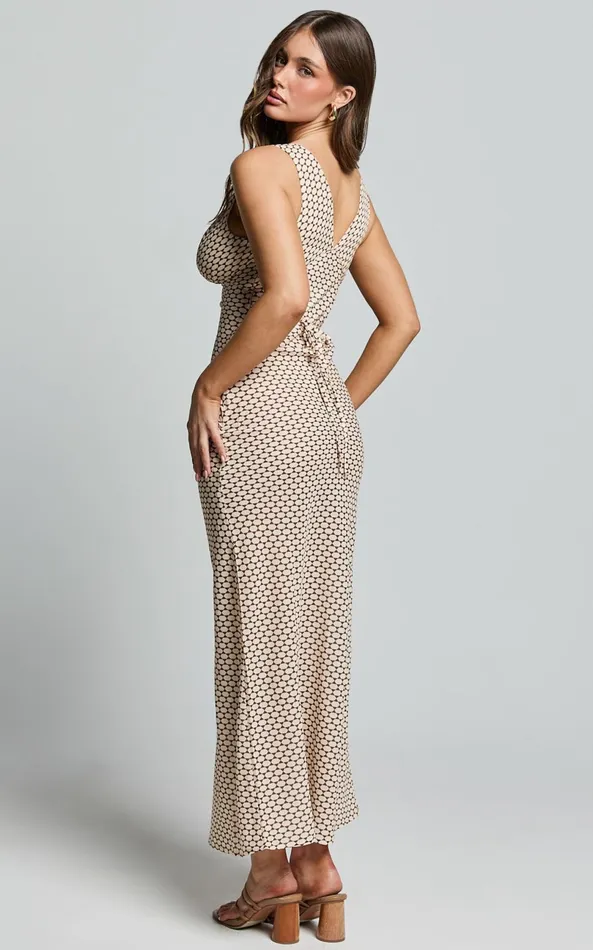 Showpo Mauriel Midi Dress 8211 Deep V Gathered Bust Slip Dress In Natural Geo Women Dresses