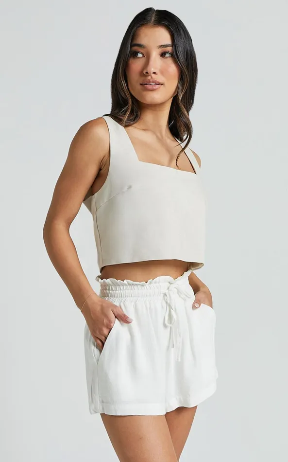 Showpo Mavi Shorts 8211 Drawstring Paper Bag Relaxed Linen Look Shorts In White Women Shorts