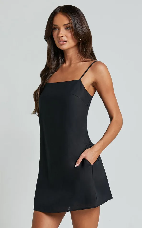 Showpo Mavie Mini Dress 8211 Linen Strappy Shift Dress In Black Women Dresses