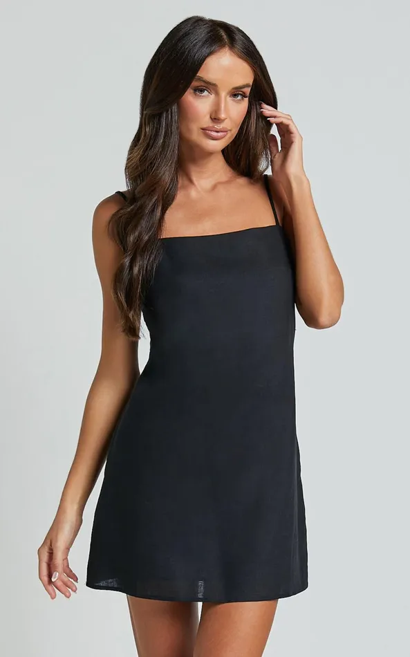 Showpo Mavie Mini Dress 8211 Linen Strappy Shift Dress In Black Women Dresses