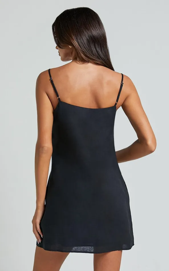Showpo Mavie Mini Dress 8211 Linen Strappy Shift Dress In Black Women Dresses