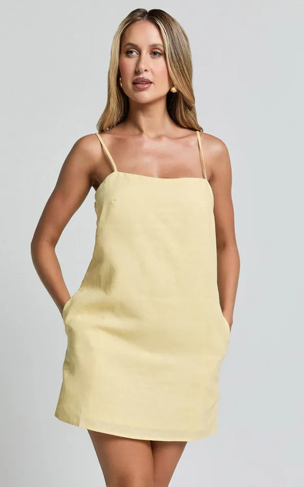 Showpo Mavie Mini Dress 8211 Linen Strappy Shift Dress In Lemon Women Dresses