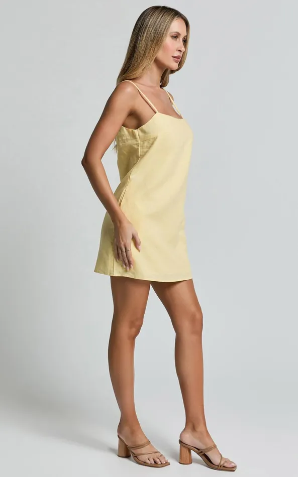 Showpo Mavie Mini Dress 8211 Linen Strappy Shift Dress In Lemon Women Dresses