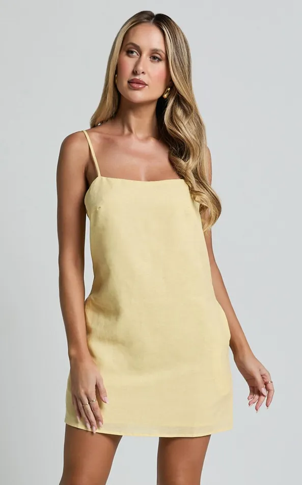 Showpo Mavie Mini Dress 8211 Linen Strappy Shift Dress In Lemon Women Dresses