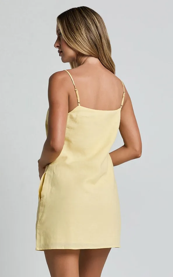 Showpo Mavie Mini Dress 8211 Linen Strappy Shift Dress In Lemon Women Dresses