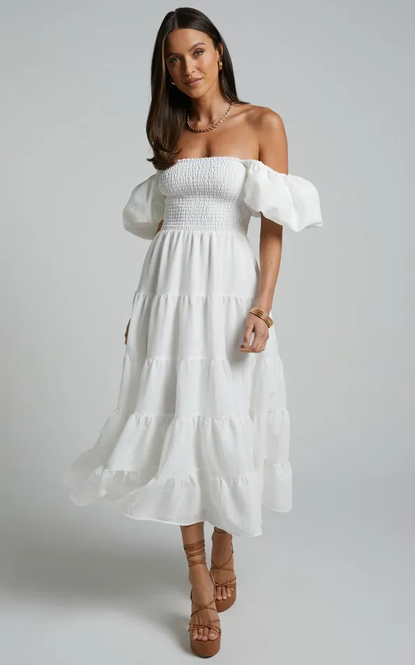 Showpo Maxima Midi Dress 8211 Puff Sleeve Shirred Bodice Tiered Dress In White Women Curve Clothes Showpo Maxima Midi Dress 8211 Puff Sleeve Shirred Bodice Tiered Dress In White Women Curve Clothes