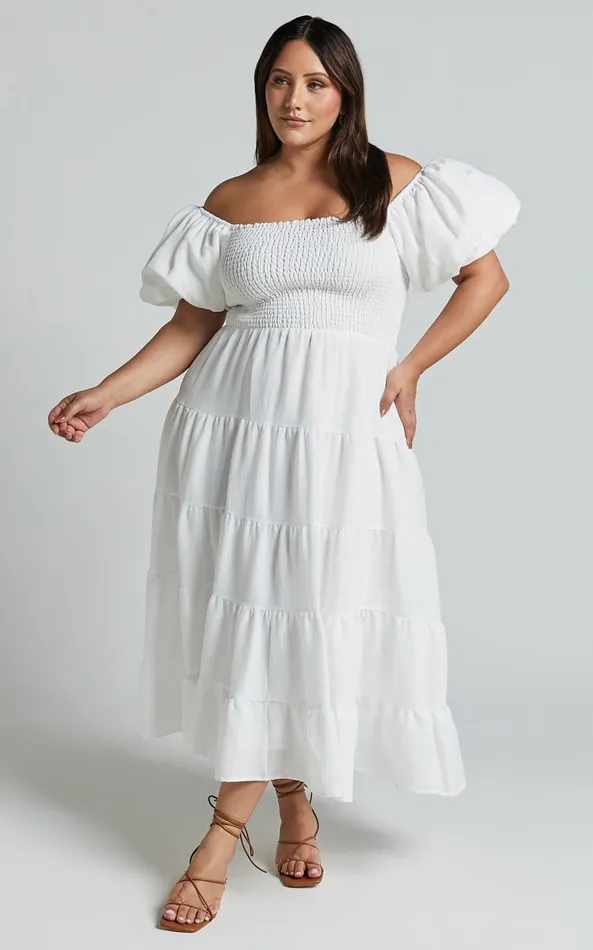 Showpo Maxima Midi Dress 8211 Puff Sleeve Shirred Bodice Tiered Dress In White Women Curve Clothes