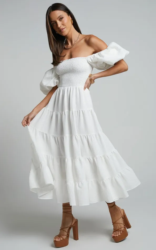Showpo Maxima Midi Dress 8211 Puff Sleeve Shirred Bodice Tiered Dress In White Women Curve Clothes