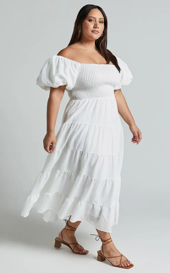 Showpo Maxima Midi Dress 8211 Puff Sleeve Shirred Bodice Tiered Dress In White Women Curve Clothes