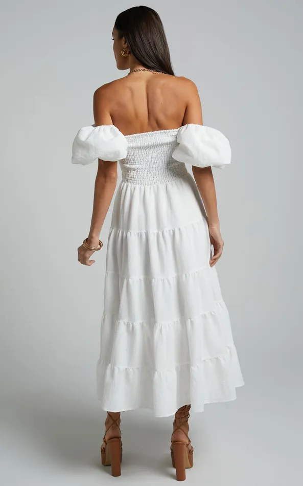 Showpo Maxima Midi Dress 8211 Puff Sleeve Shirred Bodice Tiered Dress In White Women Curve Clothes