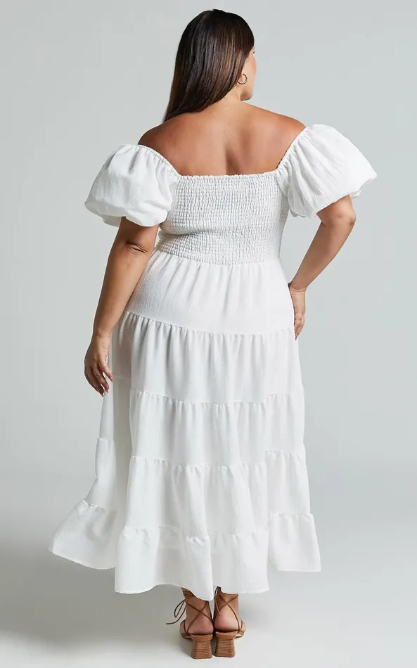 Showpo Maxima Midi Dress 8211 Puff Sleeve Shirred Bodice Tiered Dress In White Women Curve Clothes