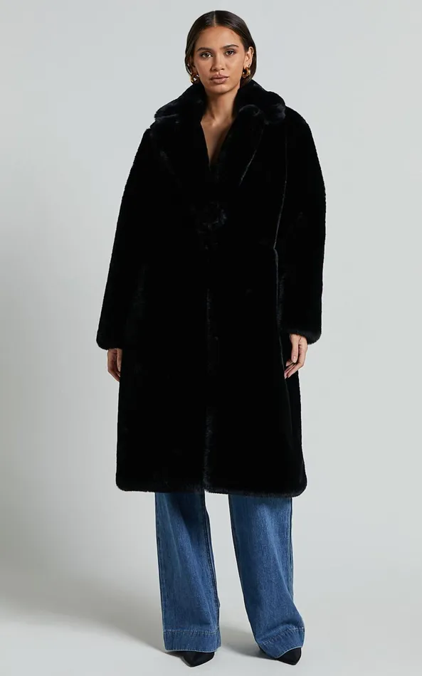 Showpo Maxwell Coat 8211 Long Line Faux Fur Coat In Black Women Jackets and Coats