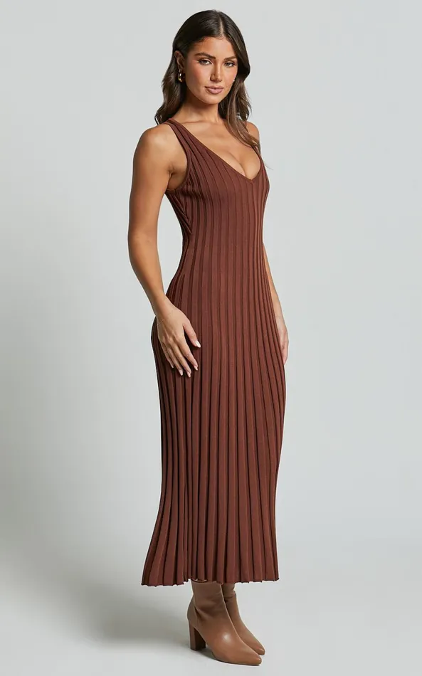 Showpo Maya Midi Knit Dress 8211 Sleeveless V Neck Knited Dress In Dark Chocolate Women Dresses