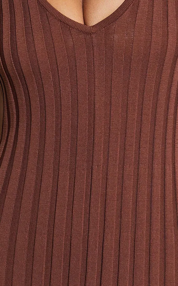 Showpo Maya Midi Knit Dress 8211 Sleeveless V Neck Knited Dress In Dark Chocolate Women Dresses