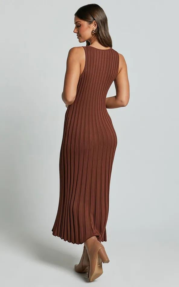Showpo Maya Midi Knit Dress 8211 Sleeveless V Neck Knited Dress In Dark Chocolate Women Dresses