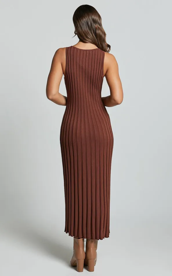 Showpo Maya Midi Knit Dress 8211 Sleeveless V Neck Knited Dress In Dark Chocolate Women Dresses