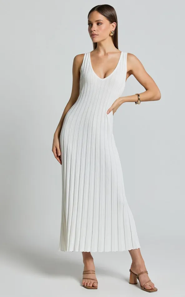 Showpo Maya Midi Knit Dress 8211 Sleeveless V Neck Knited Dress In White Women Dresses