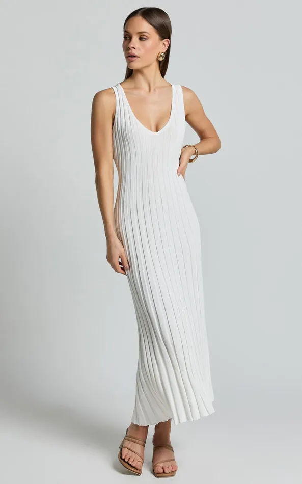 Showpo Maya Midi Knit Dress 8211 Sleeveless V Neck Knited Dress In White Women Dresses